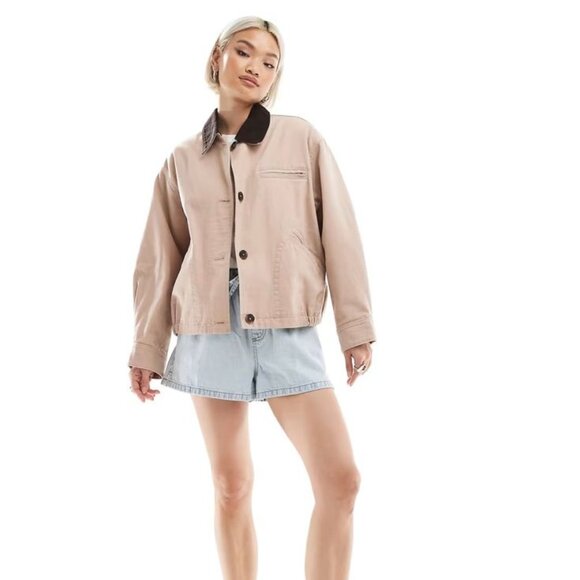 NWT ASOS DESIGN bomber barn jacket with chocolate collar in dusty pink - Picture 1 of 4